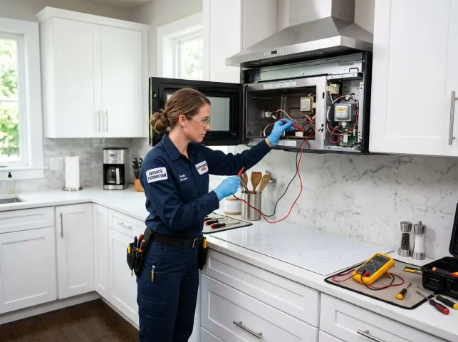 Appliance Repair Hero technician testing an over-the-range microwave in a Bridgeport, CT kitchen